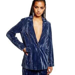 Topshop Crinkle Velvet Blazer Royal Blue Women 8 Holiday Fall Winter Chic Office